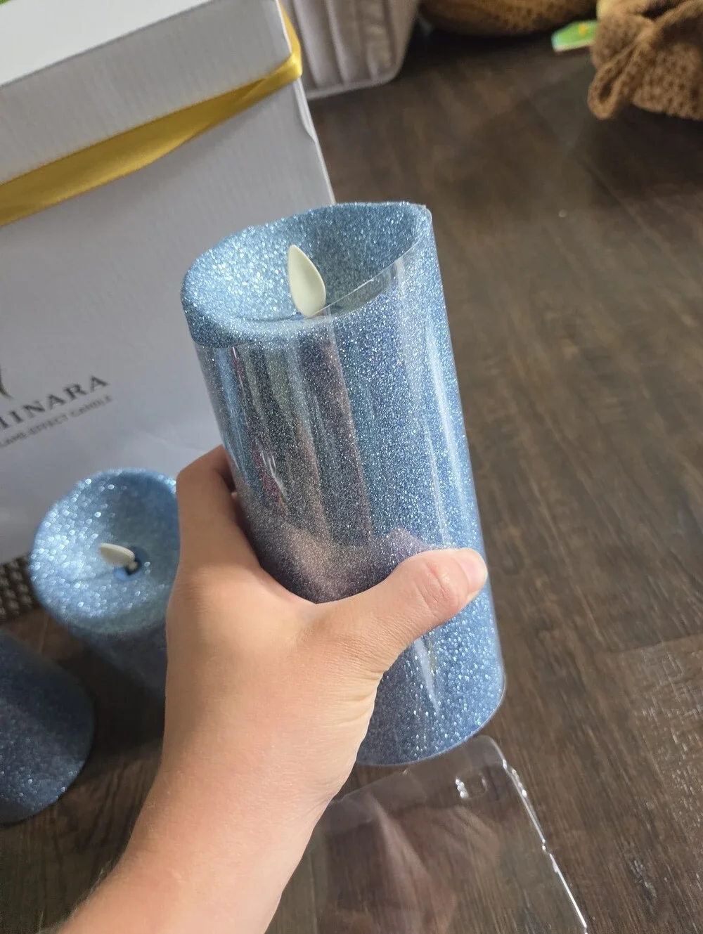 New In Box Luminara Blue Glitter Flameless Pillar Candles (3-Piece Set)